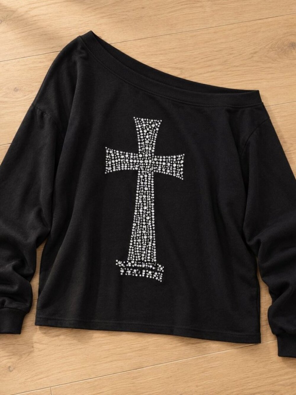 Black rhinestone cross off shoulder sweatshirt - y2k one shoulder top